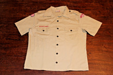 Boy Scouts of America BSA Men's Shirt Tan Medium Check Measurements Sewn Patch