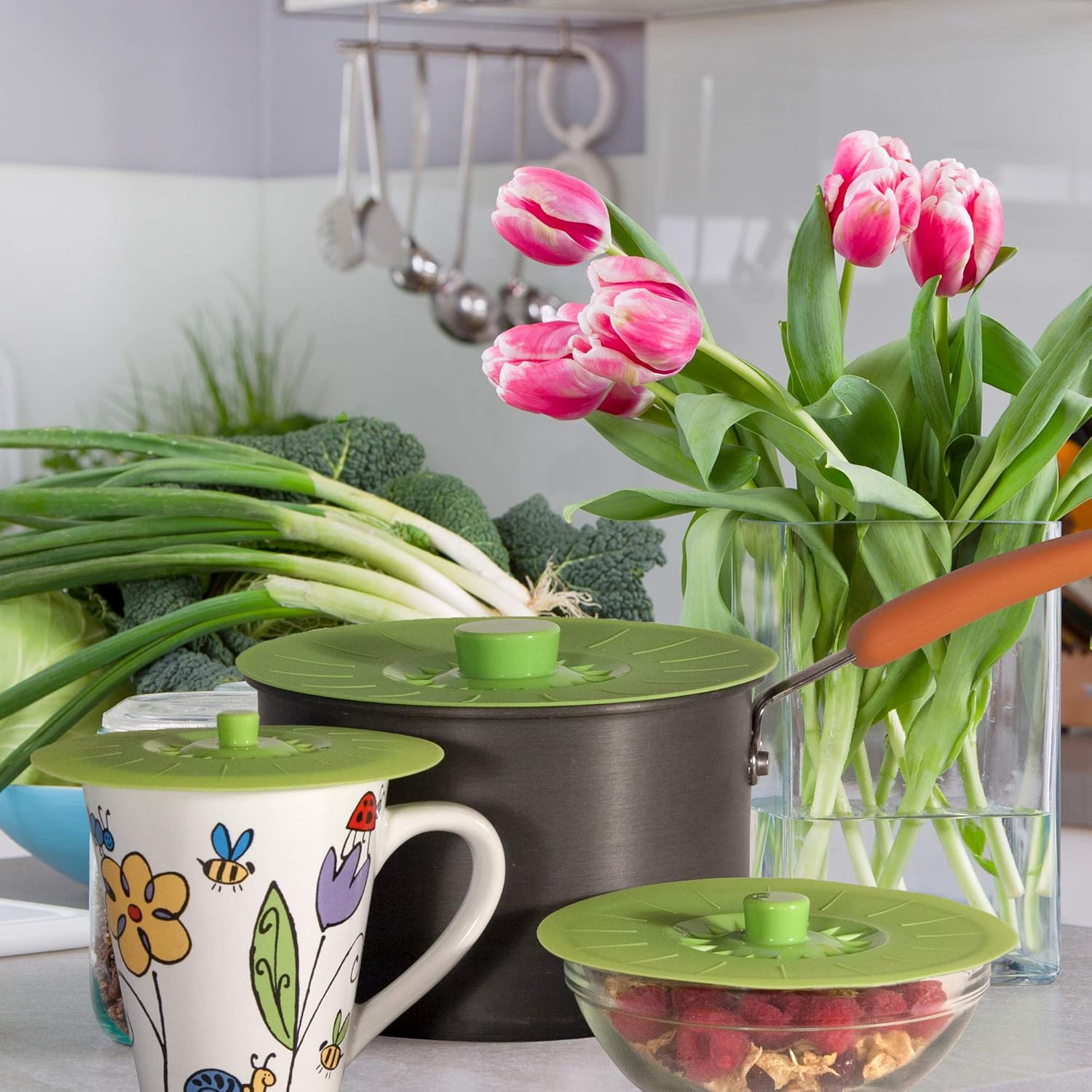 Silicone Bowl Lids Green Set of 5 Reusable Suction Seal Covers for Bowls, Pots, 