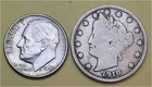 Lot of 2 Coins - 1 90% Silver Roosevelt Dime (1962D) & 1 Better Lib V 5c (1910P)