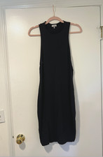Tobi 94% Cotton Blend True Black midi dress, long side cutout layering dress XS