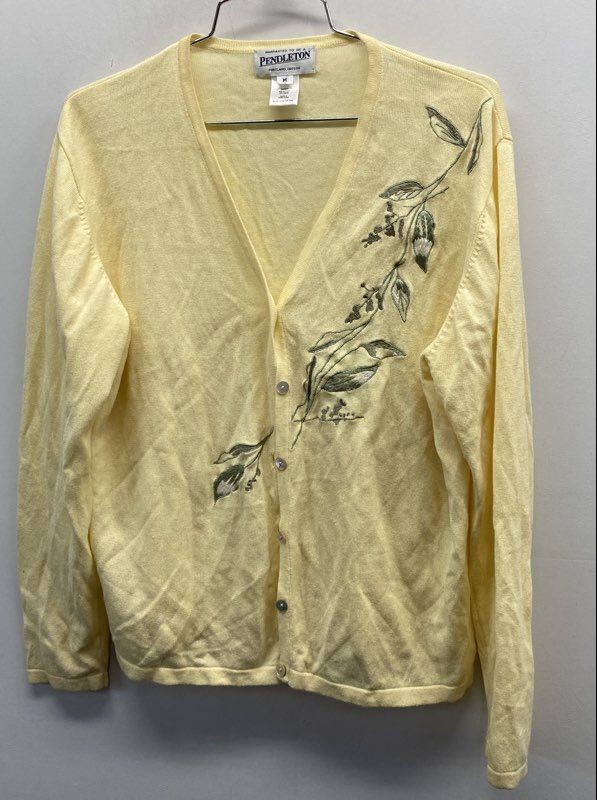 トップス PENDLETON L/S V-NECK CARDIGAN size M Pendleton Women's Yellow Cotton Rayon Embroidered Floral V-Neck