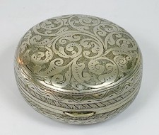 Antique Silver Plate Hinged Round Lidded Patch Pill Box 1900 Foliate Engraving