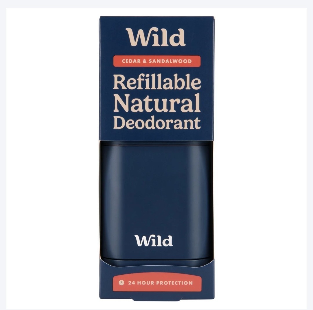 Wild Men's Navy Case and Cedar & Sandalwood Deodorant Refill 40g - New