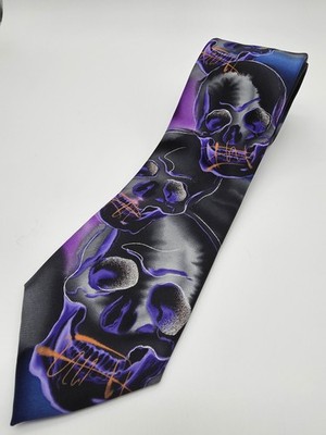 Jerry J Garcia Purple Blue Plague Entity Skulls Polyester Tie 59'' x 3.5''