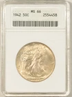 1942 WALKING LIBERTY HALF DOLLAR - ANACS MS-66, OLD WHITE SOAPBOX HOLDER!