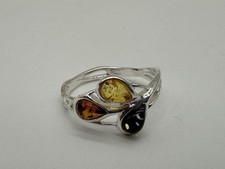 Size 9- Triple Multi-Color BALTIC AMBER Ring 925 STERLING SILVER