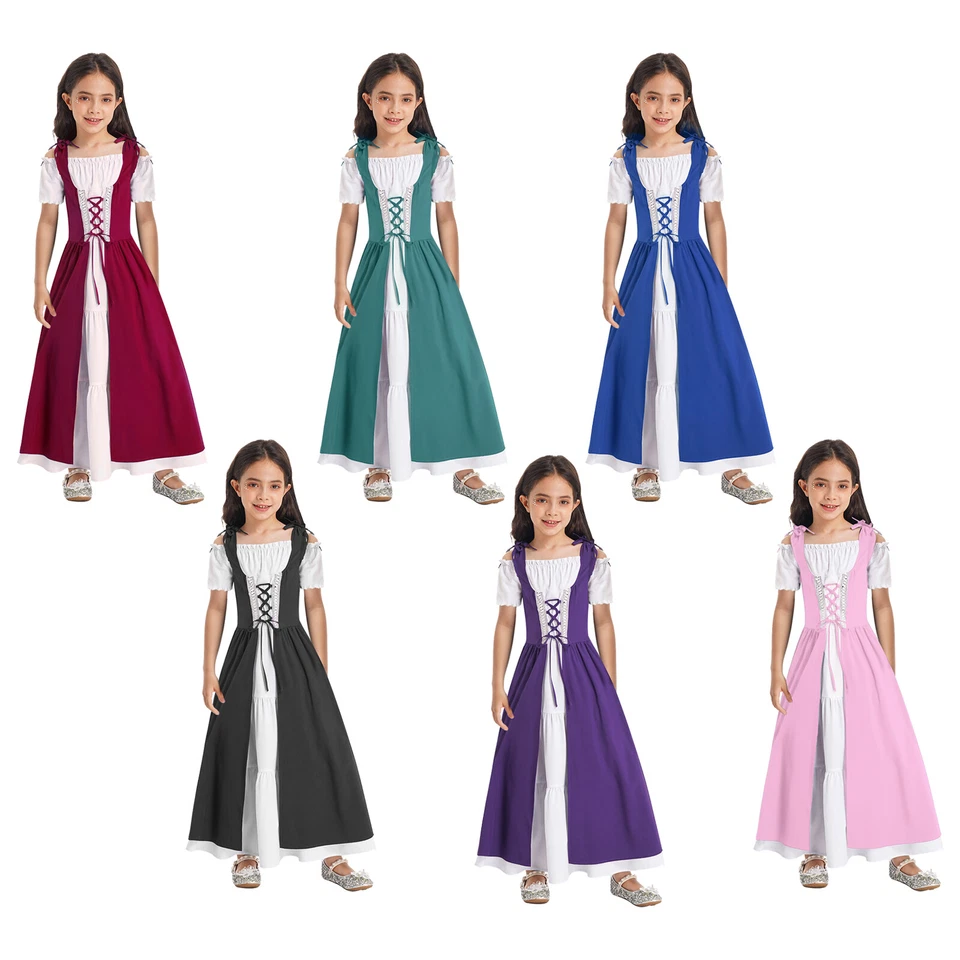 Girls Medieval Renaissance Princess Costume Short Sleeve Lace-up Halloween Dress - Image 4 of 4