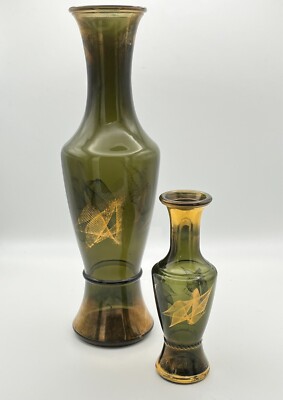 MCM WHEATON WARE Smokey Green Glass Vases - Gold Geometric Spirograph Design