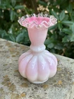 VTG Fenton Glass Pink w/ White Overlay Melon Vase ~ Silver Crest Crimped Rim ~5”
