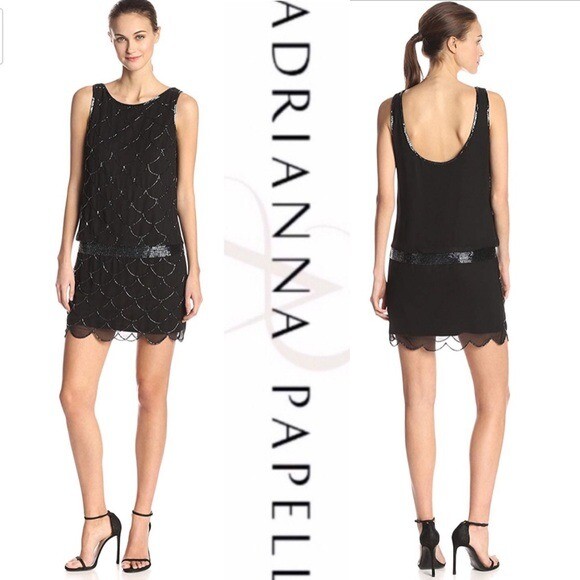 Adrianna Papell Black Sequin Drop Waist Cocktail Formal Party Dress | eBay