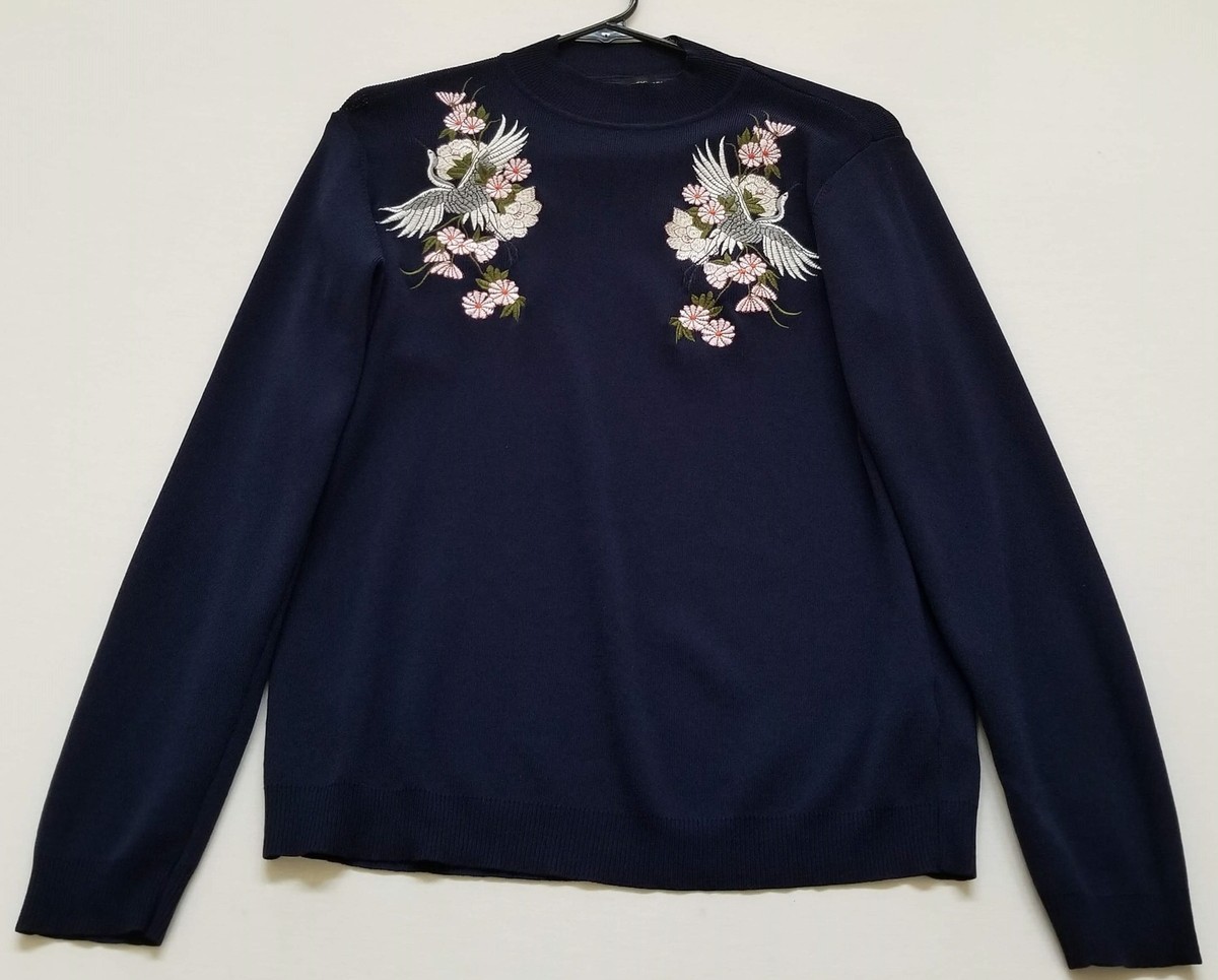 Dorothy Perkins Sweater Women’s 10 Blue Pink Floral Bird Long Sleeves Mock  Neck