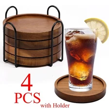4 Pack Wood Coasters for Drinks Absorbent Wooden Coasters w/ Holder Coffee Table