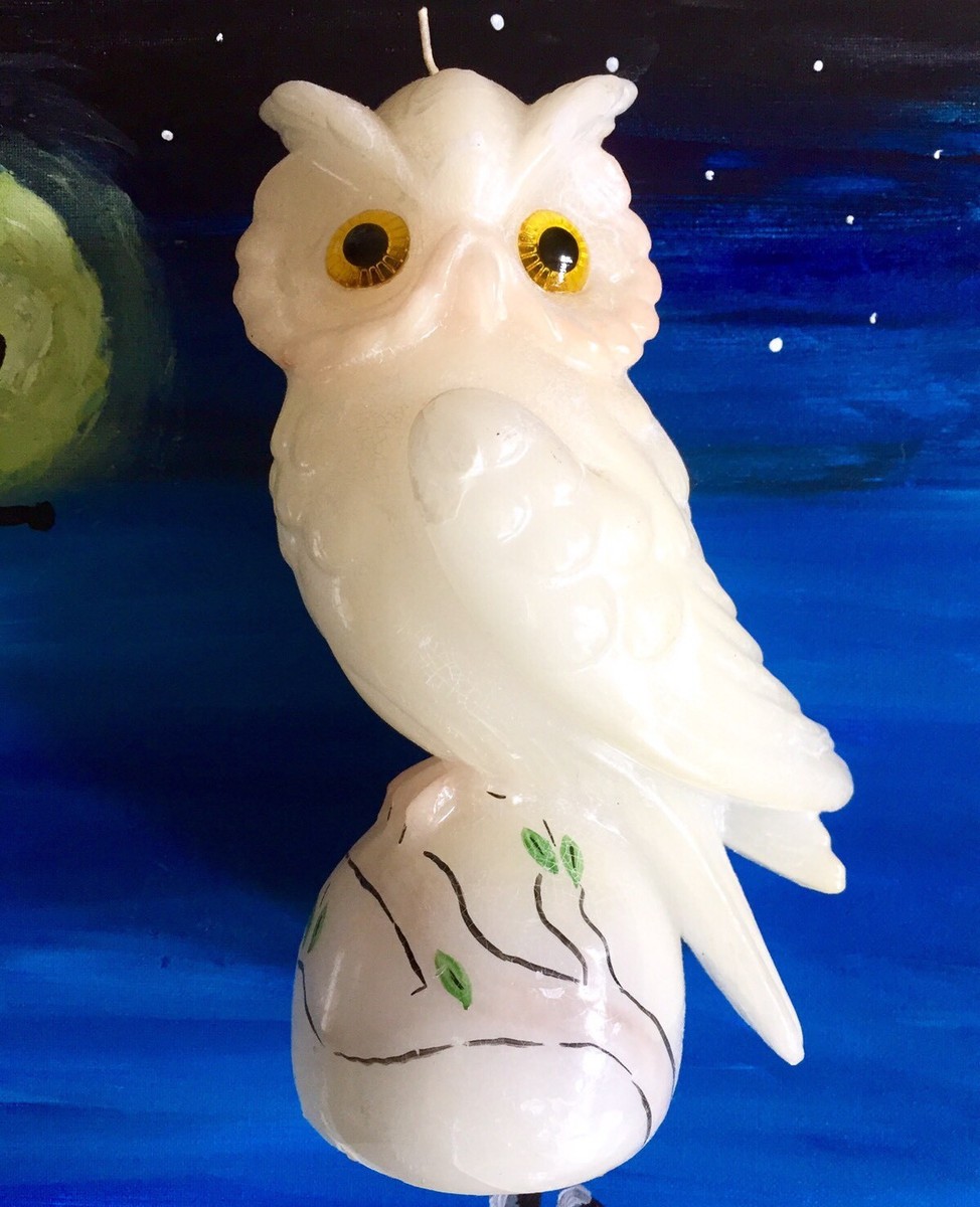 お香 OWL Vtg Cream White Owl Bird Wax Figurine Candle Anthropomorphic