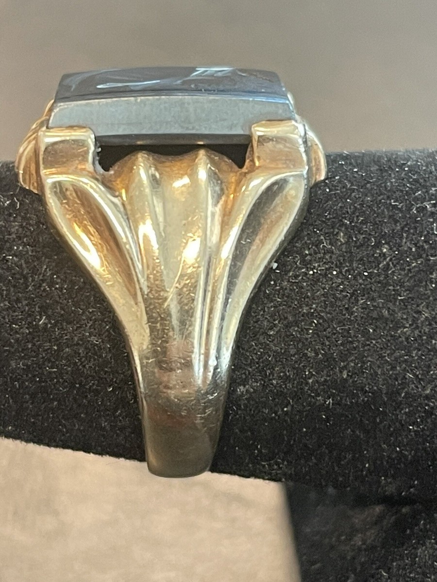 VINTAGE 10KT Yellow Gold Hematite Signet Ring. Size 7.75, 6.6Grams
