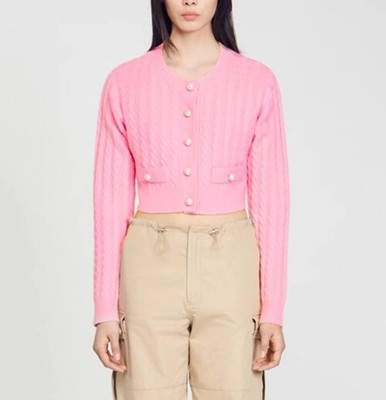 Sandro Twist Knit Cardigan Pearl Button Front Round Neck Short Top  
