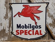 VINTAGE MOBIL PORCELAIN SIGN MOBILGAS SPECIAL DIESEL GAS STATION SHIELD PEGGY