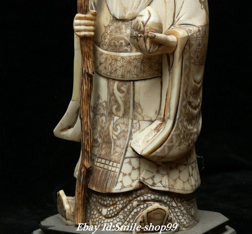 12.5" Unique Old China Cattle Bone Carving longevity god Shuoxing Peach Statue - Picture 11 of 12