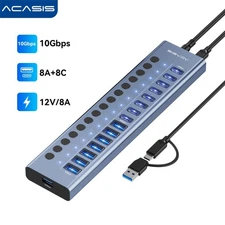 Acasis USB 3.2 Hub 10Gbps 16 Port On/Off Switch with AC Power Adapter for Laptop