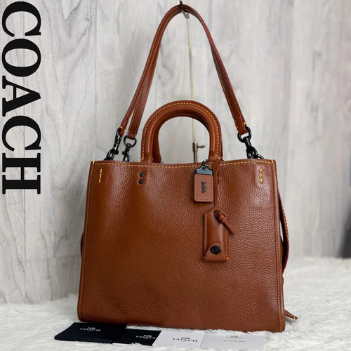 COACH Rogue 2way Tote Shoulder Bag Brown Pebble Leather High-End Line USED F/S