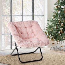 Faux Fur Saucer Chair Foldable Lounge Accent Seat Pink Metal Frame Dorm Adults