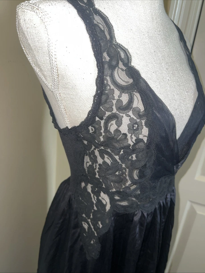 "Vestido sin Mangas Vintage Interior Most Negro Encaje Bordado 38"" Largo Talla Pequeña" Foto 4 de 4