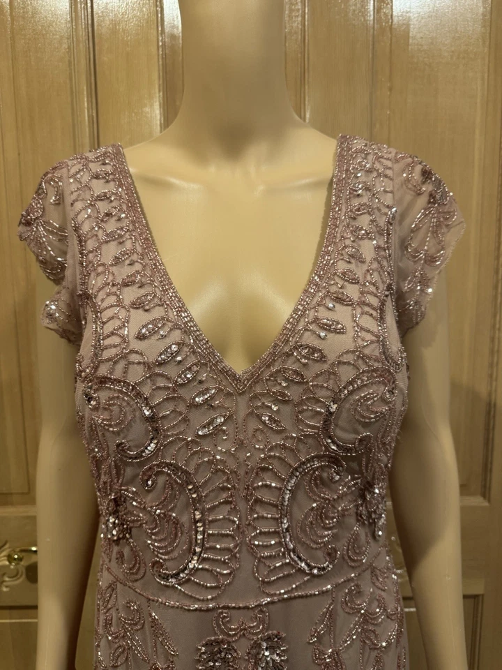 Платье Adrianna Papell пыльное розовое с бисером короткий рукав V-образный вырез размер 10 - Изображение 2 из 4