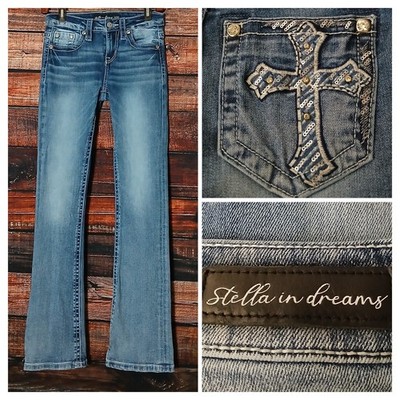 Stella In Dreams Jeans 27 5 Boot Cut Mid Rise Embellished Blue Denim Stretch 