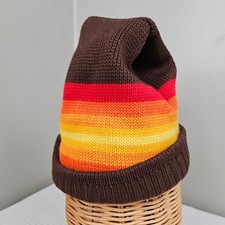 Vintage Smiley 70s Stripe Wool Winter Ski Hat Beanie Brown Orange Sparks Nevada