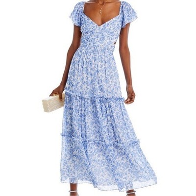chinese dress ladies Nicoblu Caroline Flutter Sleeve Crinkle Chiffon Maxi Dress in Mediterranean Swirl Petite-12 main image 1
