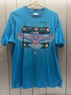 Vintage Chicago Aztec Teal Blue Retro Beefy Hanes Large Real Shirt Single Stitch