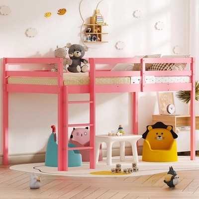 Kids Pink Twin Size Platform Loft Bed With Play Area Guard Rail