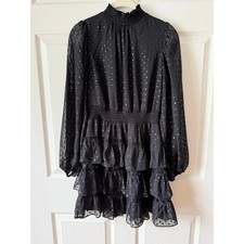 Express Black Mock Neck Tiered Ruffle Sheer Mini Dress XS Coquette Victorian