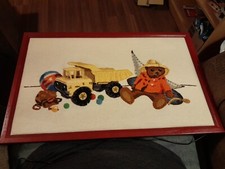 VTG Framed Nursery Wall Decor Crewel Boys Yellow Dump Truck Bear Ball Textured