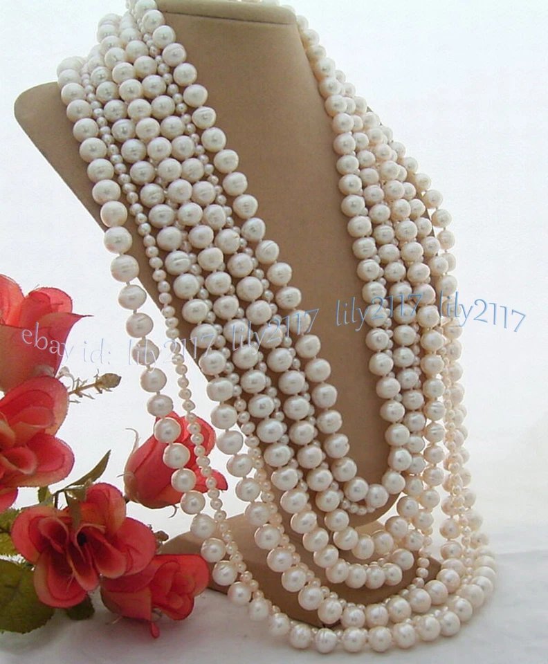 Collar de perlas de agua dulce blancas naturales 9 filas 9-10 mm 4-5 mm 21-30"" cierre 925S Foto 2 de 4