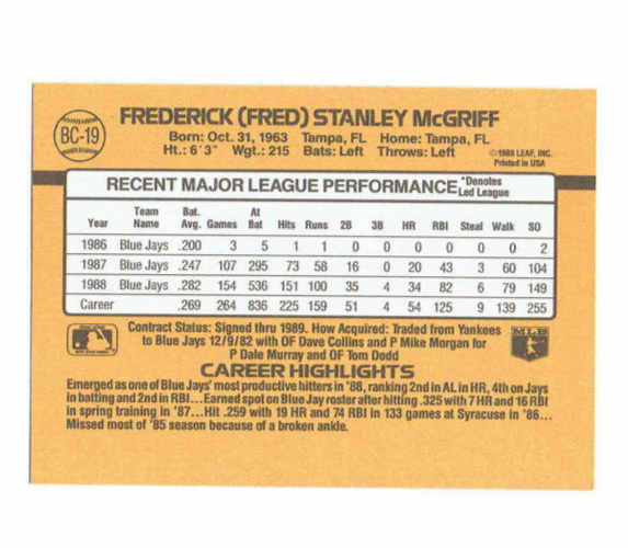 Fred McGriff Toronto Blue Jays 1B MVP #BC-19 Donruss 1989