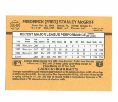 Fred McGriff Toronto Blue Jays 1B MVP #BC-19 Donruss 1989