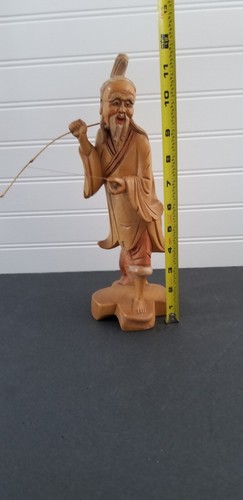 Vintage Hand Carved Wooden Statue Asian Man Fishing Figurine 12"H - Picture 12 of 17