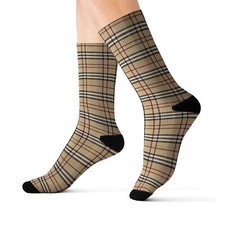 Beige Plaid Pattern Adult and Youth Sublimation Socks Checkered Print