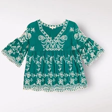 Solitaire Boho Emerald Green Embroidered Floral Cold Shoulder Top Size M Boho