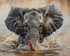 8x10 Matte Print Baby Elephant Blowing Water through Trunk realistic image
