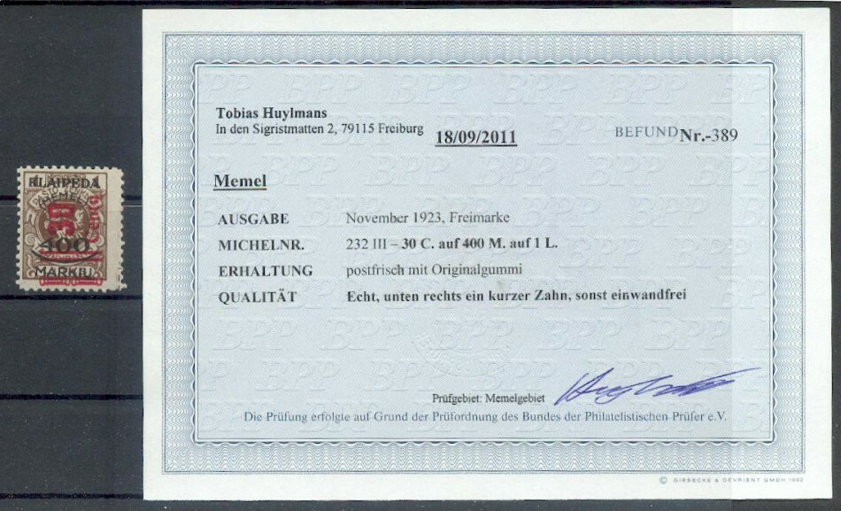 Memel 232III Type** MNH Postfrisch BPP Certificate 250EUR (E7338