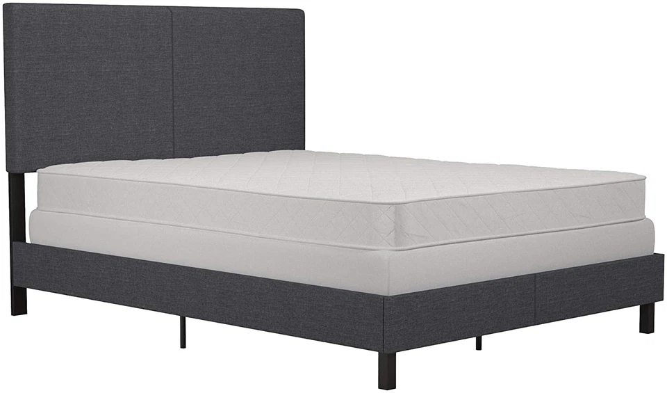 Cama tapizada de tela de lino gris con diseño moderno elegante, tamaño completo Foto 3 de 4