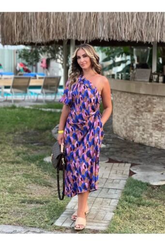 ZARA Studio XS Bloggers Fav Geometric Print One Shoulder Asymmetric Midi Dress - Picture 2 of 13