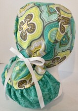 Teal Print Medical Ponytail Pouch Scrub Cap Surgery Hat Chef Dental Veterinarian