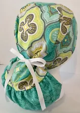 Teal Print Medical Ponytail Pouch Scrub Cap Surgery Hat Chef Dental Veterinarian
