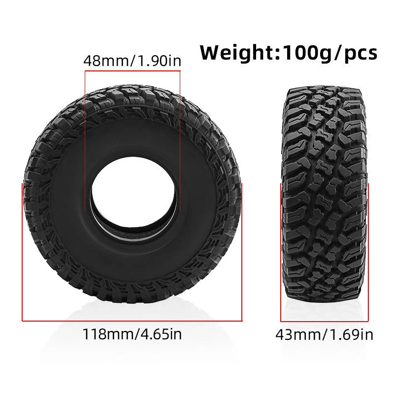 4Pcs 1.9" Tires 43mm*118mm With Sponge Inner Liner For 1/10 1/12 SCX10 FMS TRX-4 - Image 2 of 4