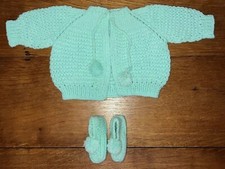 Vintage Baby SWEATER  BOOTIES SET Knitted Green Newborn to 6 months; NEW 1960s