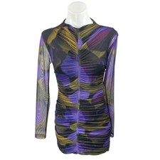 Zara Multicolor Mesh Sheer Floral Ruched Long Sleeve Mini Bodycon Dress Size S