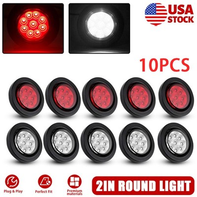 10PC White+Red 2''In Round Trailer 9LED Marker Light w/Grommet for Truck bus EOW
