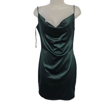 Blanc Green Satin Cowl Neck Spaghetti Strap Mini Dress